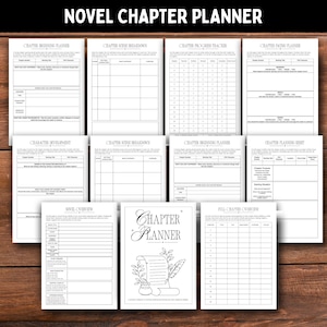 May include: A collection of white paper sheets for a novel chapter planner, featuring various templates like chapter beginning, scene breakdown, progress tracker, pacing, character development, and overview. The cover page displays the text Chapter Planner.