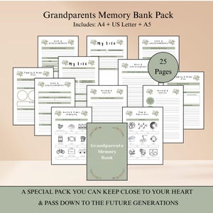 Op de afbeelding: Een set van 25-pagina's tellende herinneringsboeken voor grootouders. De pagina's zijn lichtgroen met bloemmotieven en bevatten prompts voor het vastleggen van herinneringen en familiegeschiedenis. De omslag luidt "Grandparents Memory Bank".