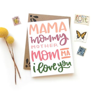 Mother's Day Mama Card Original Calligraphy Brush Lettering Mama Mom I Love You A2 Card First Mother's Day Card New Mom Card image 1