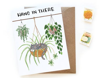 Hang In There Cats and Plants Card | Diluer Calico Hanging Plants Spider Plant Encouragement Card