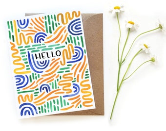 Hello Paint Swatches Card | Abstract Watercolor Squiggles Stripes Colors | Color Blocking Watercolor Hello Greeting Card