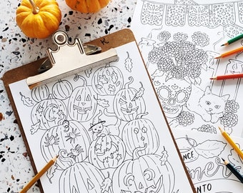 May include: A black and white coloring page featuring a group of pumpkins with jack-o'-lantern faces. The page is on a clipboard with a pencil and eraser. The text "Summer into Fall" is written on a separate page.