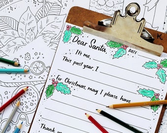 Christmas Coloring Pages DOWNLOAD | Dear Santa Letter Poinsettia Christmas Tree Cat Cookies | Printable Coloring Sheets Instant Activity