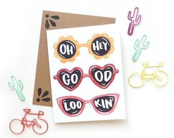 Oh Hey Good Lookin' Sunnies Greeting Card | Handpainted Watercolor Vintage Sunglasses Small Greeting Card Kraft Envelope Wholesale