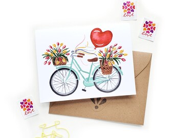 Tarjeta valentine bicicleta corazón globo / original acuarela bicicleta flor cesta A2 tarjeta