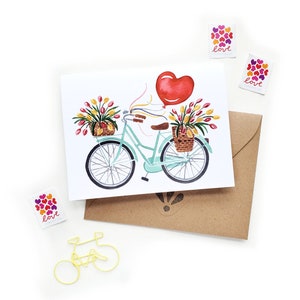 Tarjeta valentine bicicleta corazón globo / original acuarela bicicleta flor cesta A2 tarjeta