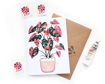 Heart Pink Monstera Valentine&#39;s Day Card | Original Watercolor Crazy Plant Lady V-Day Card | Galentine Plant Lady Card