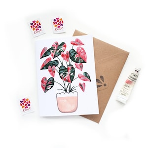 Heart Pink Monstera Valentine's Day Card / Original Acuarela Crazy Plant Lady V-Day Card / Galentine Plant Lady Card