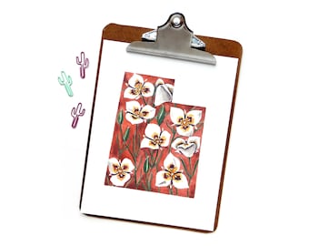 Utah Sego Lily State Flower Print | Watercolor Utah State Outline Segoe Lily Illustration Print