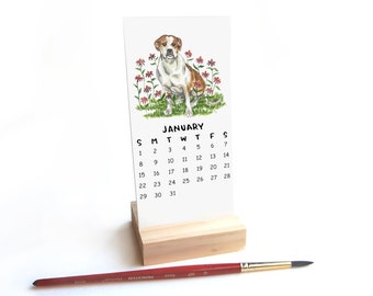 SALE 2023 NOT 2024 Tiny Dogs + Flowers Calendar WITH Wooden Stand | Watercolor Illustration Handmade Desk Calendar