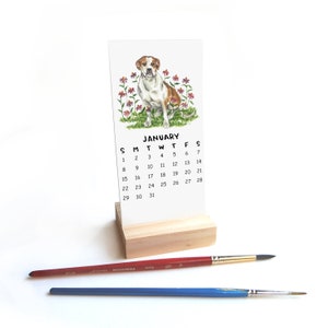 SALE 2023 NOT 2024 Tiny Dogs Flowers Calendar WITH Wooden Stand Watercolor Illustration Handmade Desk Calendar image 1