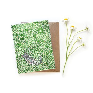 Salut Daisy Field Cat Card | Crazy Cat et Plant Lady Card | Carte de chat daisy d’illustration d’aquarelle