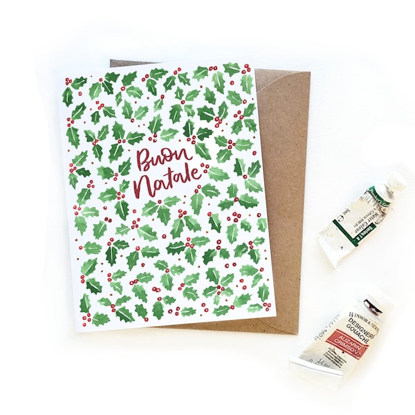 Buon Natale Italian Holly Christmas Card | Hand Lettering Small Holiday Greeting Card | Watercolor Italy Xmas Card Holly