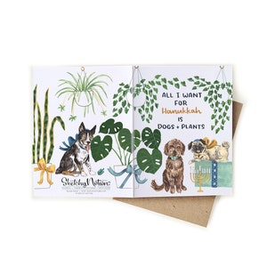 Hanoukka Chiens + Plantes Aquarelle Wrap Card | Carte Chanoukka moderne Tout ce que je veux pour Hanoukka, ce sont des chiens et des plantes
