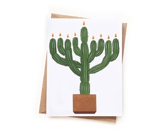 Hanukkah Cactus Menorah Card | Modern Hanukkiah Judaica Card Cactus Hanukkiah Watercolor Illustration Chanukkah Card