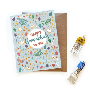 Happy Hanoukka à vous carte aquarelle | Lettrage à la main Petite carte de vœux de Noël | Aquarelle Hanoukka Pastels