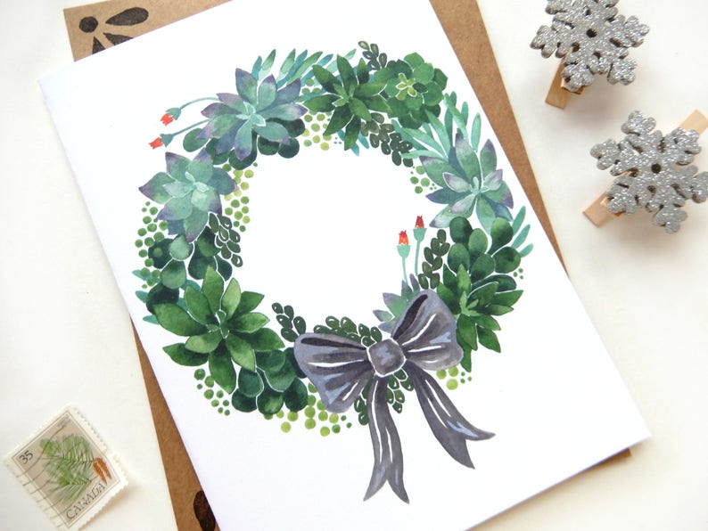 Succulent Wreath Christmas Greeting Card Crazy Succulent Lady Holiday Card Small Greeting Card Watercolor Modern Xmas Card Plants image 2