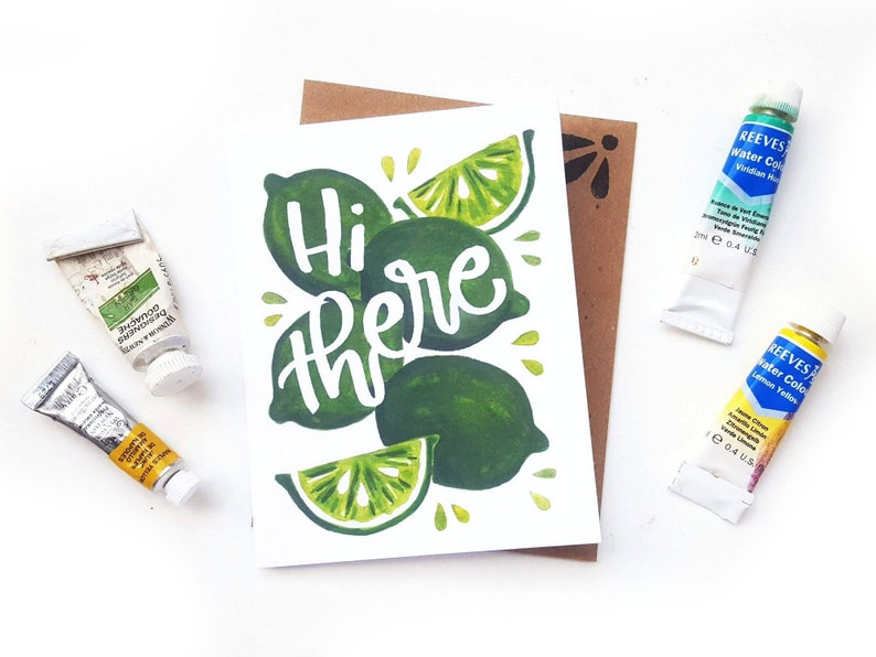 Hi There Limes Card Just Because Citrus Calligraphy Brush Lettering Watercolor Limes Wholesale A2 Card image 1