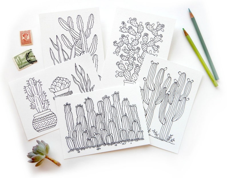 Crazy Cactus Lady Gift Saguaro Paddle Cactus Coloring Snail Mail Coloring Postcards Cactus Set Cacti Coloring Book Postcards