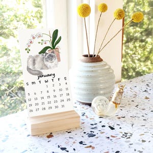 PREORDER 2026 Tiny Cats + Plants Calendar WITH Wooden Stand | Watercolor Illustration Handmade Desk Calendar