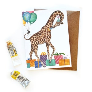 girafa do aniversário cartão comemorativo | Cartão Comemorativo Ilustração de girafa em aquarela com presentes e balões