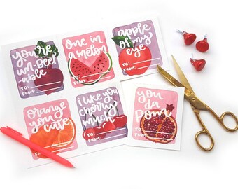 Download Valentine&#39;s Day Fruit Puns | Set of 12 Instant Download DIY Kids Valentines | Fruit Watercolors Hand Lettering | Pack of 12