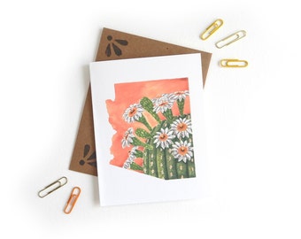 Arizona Saguaro Blossom Watercolor Card | Watercolor State Flower Illustration A2 Cactus Flower Greeting Card