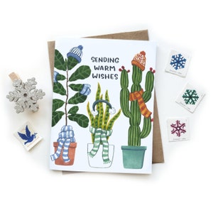 Tarjeta de plantas de deseos cálidos / Tarjeta de felicitación pequeña Acuarela / Tarjeta navideña en blanco