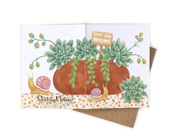 Love You Mom Card — Cute Snail & Succulent Mother’s Day Card, Plant Lover Mom Card, Garden Mom Card, Funny Sweet Mom