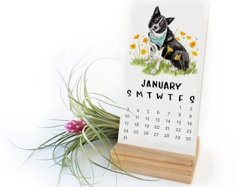 PRE-ORDER 2027 Desk Calendar Tiny Dogs + Flowers Calendar with Handmade Wood Stand