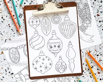 Páginas para colorear de decoraciones navideñas clásicas DESCARGAR / Adornos de coronas Guirnaldas para árboles / Hojas para colorear imprimibles Actividad instantánea