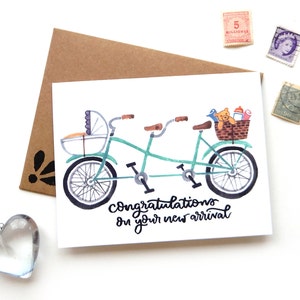 Nieuwe baby tandem fietskaart | Originele kalligrafie borstel belettering Mint nieuwe aankomst dubbele fiets aquarel a2 kaart