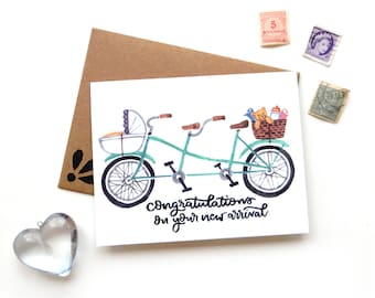 New Baby Tandem Bicycle Card | Original Calligraphy Brush Lettering Mint New Arrival  Double Bike Watercolor A2 Card