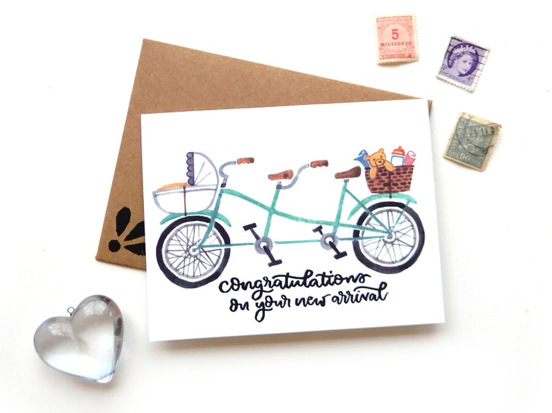 New Baby Tandem Bicycle Card Original Calligraphy Brush Lettering Mint New Arrival Double Bike Watercolor A2 Card image 1
