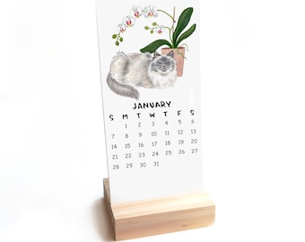 Desk Calendar 2026 Tiny Cats + Plants Calendar WITH Wooden Stand | Watercolor Illustration Handmade Small Office Calendar