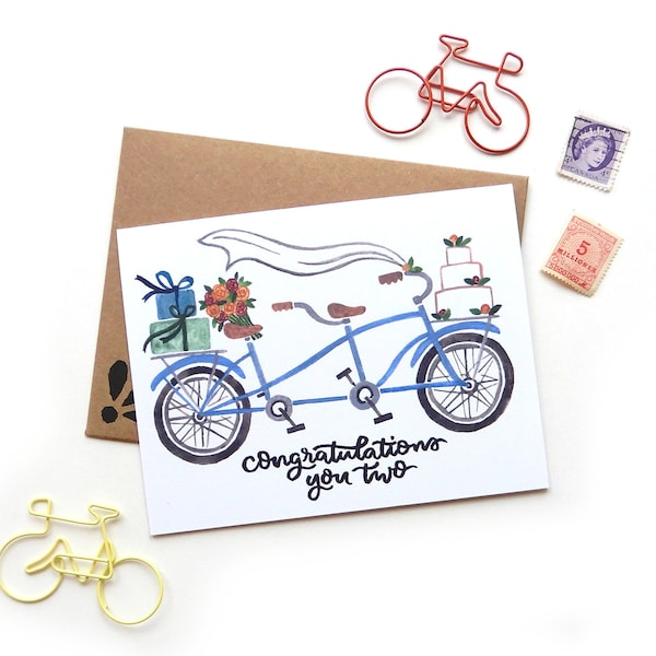Wedding Tandem Bicycle Card | Wedding Congratulations Original Calligraphy Brush Lettering Blue Double Bike Watercolor A2 Card