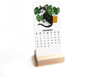 2024 Tiny Cats + Plants Calendar WITH Wooden Stand | Watercolor Illustration Handmade Desk Calendar