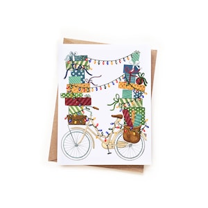 Urlaub Fahrrad mit Stapel Geschenke Aquarell Karte | Creme Fahrrad Retro Lichter Weihnachten Einzigartige Weihnachtskarte