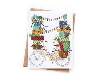 Holiday Bicycle with Stacks of Gifts Watercolor Card | Cream Bicycle Retro Xmas Lights Unique Christmas Card