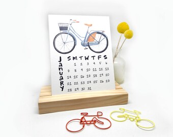2018 Desk Calendar with Wooden Stand | Watercolor + Calligraphy Handmade Desk Calendar Bike Plants Coloring Watercolor Illustrations