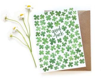 Good Luck Watercolor Four-leaf Clovers Card | Handpainted Lucky Charms Watercolor Small Greeting Card Kraft Envelope