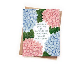 Thoughtful Pregnancy Card - Happy Kicks No Heartburn, Mom-to-Be Card, Expecting Mom Gift, Pregnancy Humor Card, Baby Shower Card, Hydrangeas