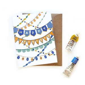 Happy Hanukkah Decorations Card / Arredamento moderno hanukkah / Acquerello dipinto a mano Chanukah Illustrated Card