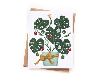Christmas Monstera Tree Watercolor Card | Unique Modern Xmas Tree Plant Lady Christmas Greeting Card