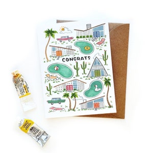 Felicitaciones nueva tarjeta de inicio / original mediados de siglo moderno Palm Springs Casas retro / Casa en movimiento calentamiento acuarela A2 Tarjeta