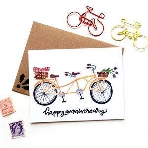 Carte anniversaire de vélo tandem | Original Calligraphy Brush Lettrage Jaune Double Bike Aquarelle A2 Carte