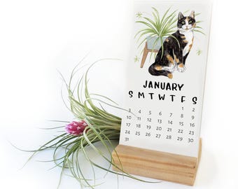 PRE-ORDER 2027 Desk Calendar Tiny Cats + Plants Calendar with Wooden Stand | Watercolor Illustration Handmade