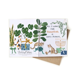 Hanukkah Gatos + Plantas Tarjeta de envoltura de acuarela / Tarjeta moderna de Hanukkah Todo lo que quiero para Hanukkah es gatos y plantas Gato Mamá Gato Papá Planta Señora