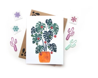 Monstera Deliciosa Charlie Brown Christmas Tree | Holiday Watercolor Vintage Christmas Ornaments Illustrated Card