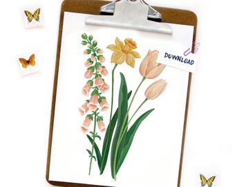 Afdrukbare FDT-bloemenprint | Vingerhoedskruid Narcis Tulp Subtiele anti-troef aquarelkunst